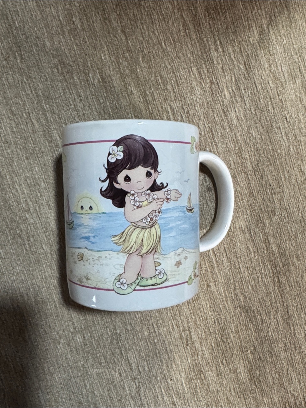 Vintage Precious Moments White Mug with Pastel Hawaiian Girl Illustration